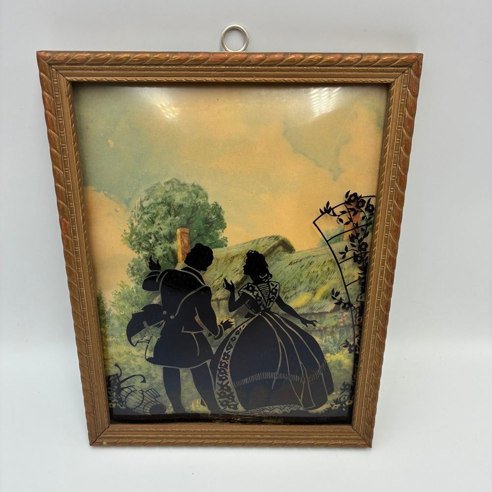 Vintage Reverse Glass Silhouette Painting Courting Couple Gold Frame Cottagecore